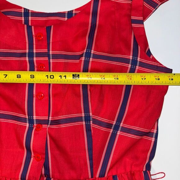 Vintage 50s Serbin Petite Red & Navy Plaid Belted Button-Front Dress | Made in U - Picture 9 of 11